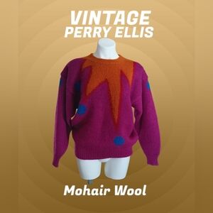 Perry Ellis VTG Fall Collection Colorful Vibrant Mohair Wool Jester Sweater RARE